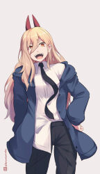 Rule 34 | 1girl, :d, black necktie, black pants, blonde hair, blue jacket, chainsaw man, collared shirt, dress shirt, eyebrows hidden by hair, grey background, hair between eyes, hand on own hip, horns, jacket, kuromiya, long hair, long sleeves, looking at viewer, necktie, off shoulder, one-hour drawing challenge, open clothes, open jacket, open mouth, pants, power (chainsaw man), puffy long sleeves, puffy sleeves, red eyes, sharp teeth, shirt, short eyebrows, simple background, sleeves past wrists, smile, solo, teeth, thick eyebrows, twitter username, v-shaped eyebrows, very long hair, white shirt