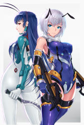 Rule 34 | 2girls, absurdres, antennae, armor, armpits, arthropod girl, ass, back-to-back, bai hua, bee girl, blue eyes, blue hair, blue thighhighs, bodysuit, breasts, breasts apart, bullpup, chitu hefeng zhong, cowboy shot, elbow gloves, eyelashes, faulds, finger on trigger, from behind, from side, gloves, gradient background, grey background, gun, hair between eyes, handgun, highres, holding, holding sword, holding weapon, insect girl, large breasts, legs apart, legs together, leotard, liu li, long hair, looking at viewer, mecha musume, medium breasts, multiple girls, outside border, p90, personal defense weapon, red eyes, school shock, short hair, silver hair, skin tight, smile, standing, submachine gun, sword, thighhighs, thighs, very long hair, weapon, wings