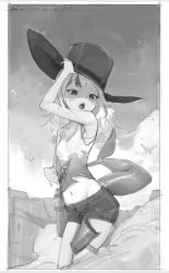 Rule 34 | 1girl, absurdres, bingwei huang, cowboy hat, crop top, fins, fish tail, gawr gura, hat, highres, hololive, hololive english, holster, shark tail, shirt, short shorts, shorts, tail, torn clothes, torn shirt, unfinished, virtual youtuber