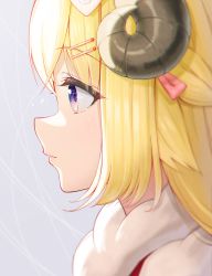 Rule 34 | 1girl, blonde hair, commentary request, from side, hair ornament, hairclip, highres, hololive, horns, looking away, parted lips, portrait, profile, purple eyes, sheep horns, shinno, solo, tsunomaki watame, tsunomaki watame (1st costume), virtual youtuber