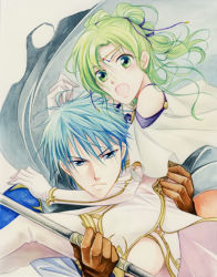 Rule 34 | 1boy, 1girl, armor, blue eyes, blue hair, cape, carrying, circlet, couple, dress, elbow gloves, ephraim (fire emblem), fire emblem, fire emblem: the sacred stones, gloves, green eyes, green hair, holding, l&#039;arachel (fire emblem), lance, nintendo, open mouth, polearm, ponytail, prince, princess, princess carry, serious, surprised, weapon