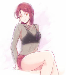 Rule 34 | 1girl, bad id, bad pixiv id, black bra, blush, bra, breasts, brown hair, cleavage, hair between eyes, hair ornament, hairclip, hzk, invisible chair, long hair, long sleeves, looking at viewer, love live!, love live! sunshine!!, medium breasts, red shorts, sakurauchi riko, see-through, short shorts, shorts, simple background, sitting, smile, solo, sports bra, underwear, white background, yellow eyes
