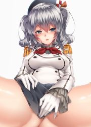 Rule 34 | 10s, 1girl, ascot, beret, blue eyes, blush, breasts, commentary request, covering privates, covering crotch, epaulettes, female focus, frilled sleeves, frills, gloves, hair between eyes, hat, kantai collection, kashima (kancolle), keita (tundereyuina), large breasts, long hair, looking at viewer, military, military uniform, miniskirt, no panties, parted lips, pleated skirt, shiny skin, sidelocks, silver hair, simple background, sitting, skirt, smile, solo, spread legs, tsurime, twintails, uniform, wavy hair, white background, white gloves