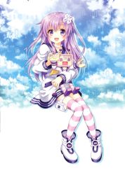 Rule 34 | 10s, 1girl, bad id, bad pixiv id, cloud, d-pad, doll, gradient background, hair ornament, holster, long hair, narinn, nepgear, neptune (series), purple eyes, purple hair, scan, sky, smile, solo, striped clothes, striped legwear, striped thighhighs, thigh holster, thighhighs