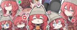 Rule 34 | + +, 1girl, ?, absurdres, beanie, black pantyhose, blue archive, blue eyes, blush stickers, braid, brown shirt, can, closed eyes, closed mouth, food, food on face, grey headwear, halo, hat, highres, korean commentary, long hair, maki (blue archive), maki (camp) (blue archive), multiple views, navel, official alternate costume, official alternate hairstyle, open mouth, pantyhose, red hair, red halo, rirua (kjom802), shaded face, shirt, smile, thumbs up, twin braids