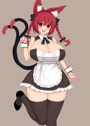 Rule 34 | 1girl, :3, :d, absurdres, alternate costume, animal ear fluff, animal ears, apron, black footwear, black thighhighs, braid, breasts, brown background, cat ears, cat tail, cleavage, dress, fang, highres, kaenbyou rin, large breasts, leg up, looking at viewer, maid, medium hair, multiple tails, nekomata, ody kishi, off-shoulder dress, off shoulder, open mouth, red eyes, red hair, side braids, simple background, smile, solo, tail, thighhighs, touhou, twin braids, two tails, white apron, wrist cuffs
