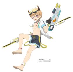 Rule 34 | 1boy, bad id, bad twitter id, bare legs, barefoot, blonde hair, commentary, gun, headgear, highres, holding, holding gun, holding weapon, horns, jacket, jewelry, looking at viewer, luye yuan, male focus, navel, necklace, open clothes, open jacket, open mouth, original, purple eyes, shorts, simple background, smile, solo, tan, tanline, weapon, white background