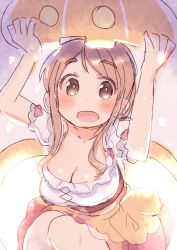 Rule 34 | 1girl, blush, breasts, brown eyes, brown hair, cleavage, commentary request, dress, frilled dress, frills, highres, holding, large breasts, long hair, looking at viewer, matsumoto yoriko, open mouth, sketch, smile, solo, tatsunokosso, teacher, yuyushiki