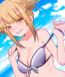 Rule 34 | 1girl, bare shoulders, beach, bikini, blonde hair, blue sky, blunt bangs, blush, boku no hero academia, breasts, cleavage, cloud, collarbone, commentary, double bun, dutch angle, front-tie bikini top, front-tie top, grin, hair bun, hair strand, hair up, halterneck, highres, looking at viewer, medium breasts, messy hair, nanomitw (jackson2444), narrowed eyes, naughty face, ocean, off-shoulder bikini, off shoulder, ribs, sidelocks, sky, slit pupils, smile, solo, swimsuit, toga himiko, undressing, untied bikini, upper body, w arms, yellow eyes