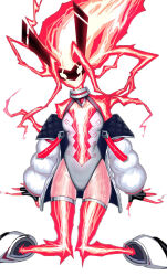 Rule 34 | 1girl, breast press, breasts, center opening, clothing cutout, collar, domino mask, duel monster, electricity, energy, energy girl, enmo takeshita, fingerless gloves, gloves, halterneck, highres, jacket, knees together feet apart, leotard, long hair, long sleeves, looking at viewer, mask, mechanical ears, navel cutout, open clothes, open jacket, orange hair, orange thighhighs, pink hair, sidelocks, simple background, small breasts, solo, spright elf, thighhighs, thighlet, white background, white jacket, white leotard, yellow eyes, yu-gi-oh!