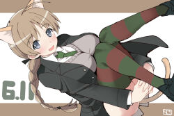 Rule 34 | 1girl, animal ears, black footwear, black jacket, blazer, cat ears, cat tail, collared shirt, dated, dress shirt, feet out of frame, fujii jun, green necktie, green thighhighs, grey eyes, grey sweater vest, jacket, light brown hair, long hair, lynette bishop, necktie, shirt, solo, strike witches, striped clothes, striped thighhighs, sweater vest, tail, thighhighs, white shirt, world witches series