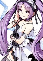 Rule 34 | 1girl, armlet, bare shoulders, commentary request, dress, euryale (fate), euryale (third ascension) (fate), fate/hollow ataraxia, fate (series), hairband, headdress, highres, ichifuji nitaka (phase nine), jewelry, lolita hairband, long hair, looking at viewer, open mouth, purple eyes, purple hair, smile, solo, thighlet, twintails, two-tone background, very long hair, white dress