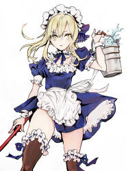 Rule 34 | 1girl, apron, artoria pendragon (all), artoria pendragon (fate), blonde hair, blue dress, blue ribbon, brown thighhighs, bucket, daasaki, dress, fate/grand order, fate (series), frilled dress, frilled thighhighs, frills, frown, hair between eyes, highres, holding, holding bucket, maid, maid headdress, ribbon, saber alter, simple background, sketch, solo, splashing, thighhighs, waist apron, water, white background, yellow eyes