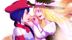 Rule 34 | blonde hair, dolls in pseudo paradise, food, grabbing another&#039;s chin, hand on another&#039;s chin, hat, jacket girl (dipp), japanese clothes, label girl (dipp), miko, red headwear, rokki hero, smile, touhou