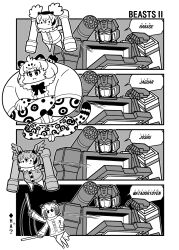 Rule 34 | 4girls, 4koma, ahoge, alternate size, animal ears, bilingual, bow, bowtie, cat ears, comic, crossed arms, crossover, dual persona, english text, eurasian eagle owl (kemono friends), greyscale, hand on own hip, highres, holding, holding stick, jaguar (kemono friends), kemono friends, knees apart feet together, koutarosu, meme, mixed-language text, monochrome, motion lines, multiple girls, neta, northern white-faced owl (kemono friends), owl ears, owl girl, robot, serval (kemono friends), short sleeves, soundwave (transformers), speech bubble, stick, tail, transformers