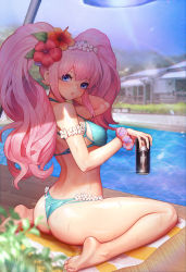 Rule 34 | 1girl, arm up, ass, bare legs, bare shoulders, barefoot, beach towel, beach umbrella, bikini, blue eyes, blurry, blurry background, can, cola, day, drink can, flower, full body, hair flower, hair ornament, hibiscus, highres, holding, long hair, looking at viewer, looking back, original, outdoors, parted lips, pink hair, plant, pool, scrunchie, shiny clothes, shiny skin, sidelocks, sitting, soda can, striped, striped towel, sweat, sweatdrop, swimsuit, thighs, toes, towel, twintails, umbrella, wariza, water, wrist scrunchie, y.i. (lave2217)