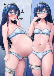 Rule 34 | 1girl, aqua eyes, arm at side, arm behind back, big belly, blue-framed eyewear, blue background, blue bra, blue hair, blue panties, blush, bow, bow panties, bra, breasts, character request, closed mouth, collarbone, commentary request, commission, copyright request, cowboy shot, from side, full stomach, glasses, gluteal fold, hair between eyes, hair ornament, highres, long hair, looking at viewer, medium breasts, multiple views, navel, panties, parted lips, pregnant, shigekikkusu, signature, skeb commission, sweat, thick thighs, thigh strap, thighs, tiara, translation request, underwear, underwear only