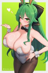 Rule 34 | 1girl, animal ears, black pantyhose, breasts, cleavage, commentary request, green background, green eyes, green hair, large breasts, leotard, long hair, marota, original, pantyhose, playboy bunny, ponytail, rabbit ears, rabbit tail, simple background, solo, tail, white leotard, wrist cuffs