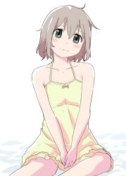 Rule 34 | 1girl, bare shoulders, blush, blush stickers, bow, closed mouth, dot nose, female focus, green eyes, grey hair, looking at viewer, medium hair, messy hair, nightgown, okota, sitting, solo, yama no susume, yukimura aoi
