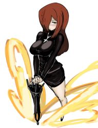 Rule 34 | 1girl, breasts, cross, cross necklace, fire, hair over one eye, half-closed eyes, highres, jettosleepy, jewelry, krieg (skullgirls), large breasts, long hair, looking at viewer, necklace, parasoul (skullgirls), pout, skirt, skullgirls, solo, sweater, turtleneck, turtleneck sweater, yellow eyes