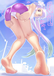 Rule 34 | 1girl, ass, barefoot, closed mouth, commentary request, feet, flower, from behind, from below, gluteal fold, hair flower, hair ornament, highres, japanese text, long hair, looking at viewer, looking back, panties, purple eyes, purple hair, purple skirt, short hair with long locks, skirt, smile, soles, solo, soon (c-u-soon), speech bubble, thighs, tiptoes, toes, twintails, underwear, vocaloid, white panties, yuzuki yukari