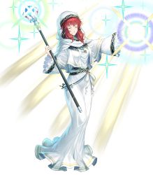 Rule 34 | 1girl, dress, energy, closed eyes, female focus, fire emblem, fire emblem: mystery of the emblem, fire emblem heroes, full body, glowing, highres, holding, holding staff, jewelry, kousei horiguchi, lena (fire emblem), long hair, necklace, nintendo, official art, parted lips, red hair, shoes, solo, sparkle, staff, transparent background, white dress