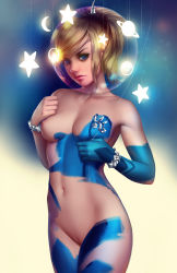 Rule 34 | 1girl, absurdres, adapted costume, blonde hair, blue eyes, bodypaint, breasts, bubble, gradient background, highres, lips, looking at viewer, metroid, naked paint, nintendo, nipples, nude, painted clothes, pussy, realistic, samus aran, solo, standing, string, tsuaii, uncensored, zero suit