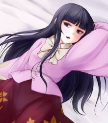 Rule 34 | 1girl, bed, blouse, bow, bowtie, collared shirt, houraisan kaguya, long hair, long sleeves, lying, pink shirt, pink sleeves, riria (liry a flower), shirt, skirt, solo, touhou, white bow, white bowtie, wide sleeves