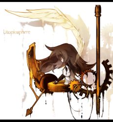 Rule 34 | 1girl, closed eyes, deemo, gears, girl (deemo), hand on own chest, lestored cro, letterboxed, profile, solo, song name, utopiosphere (deemo), wings
