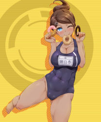 Rule 34 | 10s, 1girl, ;), asahina aoi, barefoot, blue eyes, breasts squeezed together, breasts, brown hair, cameltoe, cleavage, covered navel, danganronpa (series), danganronpa: trigger happy havoc, dark skin, dark-skinned female, doughnut, covered erect nipples, fat mons, food, food in mouth, gluteal fold, hair ornament, hairclip, holding, holding food, large breasts, looking at viewer, mouth hold, one-piece swimsuit, one eye closed, ponytail, school swimsuit, shikuta maru, smile, solo, swimsuit, thighs, yellow background