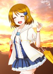 Rule 34 | 10s, 1girl, ^ ^, blue skirt, blush, bracelet, brown hair, closed eyes, closed umbrella, cowboy shot, hair ornament, hairclip, jacket, jewelry, koizumi hanayo, layered skirt, love live!, love live! school idol festival, love live! school idol project, open clothes, open jacket, open mouth, puffy short sleeves, puffy sleeves, ric. (marchen mozuku), short hair, short sleeves, skirt, solo, sunset, thighhighs, twitter username, umbrella, white jacket, white thighhighs, zettai ryouiki