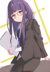 Rule 34 | 1girl, alternate hairstyle, black skirt, black suit, blush, brown eyes, collared shirt, commentary request, file112056, glasses, highres, holding, holding paper, lanyard, long hair, looking at viewer, office lady, oogaki chiaki, paper, purple hair, shirt, skirt, solo, suit, white shirt, yurucamp