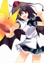 Rule 34 | 1girl, :d, akane souichi, black bow, black bowtie, black hair, black skirt, blush, bow, bowtie, contrapposto, female focus, hand fan, hat, leaf, looking at viewer, miniskirt, open mouth, red eyes, shameimaru aya, short hair, skirt, smile, solo, standing, tokin hat, touhou