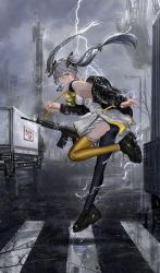 Rule 34 | + +, 1girl, absurdres, ascot, assault rifle, bare tree, black footwear, black jacket, black thighhighs, breasts, cloud, cloudy sky, crane (machine), crosswalk, dress, electricity, floating hair, full body, gawako, grey hair, gun, gun sling, highres, jacket, jumping, lamppost, lightning, looking at viewer, medium breasts, motor vehicle, mouth hold, off shoulder, original, outdoors, rifle, shoes, single leg pantyhose, single thighhigh, sky, sleeveless, sleeveless dress, sneakers, solo, thighhighs, tree, truck, twintails, weapon, white dress, yellow eyes, yellow thighhighs