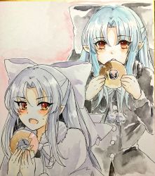 Rule 34 | 1girl, 2girls, :o, blue hair, blush, bow, capelet, doughnut, fang, food, fur trim, grey bow, grey capelet, grey ribbon, hair bow, half updo, hands up, highres, holding, holding food, len (tsukihime), long hair, long sleeves, looking at viewer, multiple girls, neck ribbon, open mouth, parted bangs, photo (medium), pointy ears, red eyes, ribbon, skin fang, sweatdrop, tanaji, traditional media, tsukihime, upper body, white bow, white capelet, white len (tsukihime), white ribbon