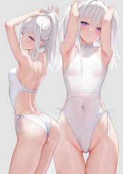 Rule 34 | 1girl, :t, armpits, arms up, ass, back, blush, covered navel, cowboy shot, flat chest, from behind, grey background, groin, hair between eyes, halterneck, hands in hair, head tilt, highres, long hair, looking at viewer, looking back, mignon, multiple views, one-piece swimsuit, original, parted lips, pink eyes, pout, shiro-chan (mignon), side-tie swimsuit, simple background, skindentation, swimsuit, thigh gap, thighs, wet, white hair, white one-piece swimsuit