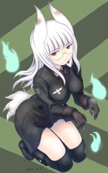 Rule 34 | 1girl, animal ears, glasses, head wings, heidimarie w. schnaufer, kneeling, military, military uniform, red eyes, sabamu, solo, strike witches, tail, uniform, white hair, wings, world witches series