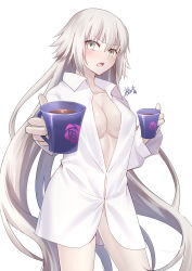 Rule 34 | 1girl, blush, bottomless, breasts, cleavage, coffee mug, cowboy shot, cup, dress shirt, fate/grand order, fate (series), gogatsu fukuin, hair between eyes, highres, jeanne d&#039;arc (fate), jeanne d&#039;arc alter (avenger) (fate), jeanne d&#039;arc alter (fate), large breasts, long hair, long sleeves, looking at viewer, mug, open mouth, shirt, silver hair, solo, thighs, very long hair, white shirt, yellow eyes