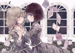 Rule 34 | 2girls, absurdres, belt, blonde hair, blue eyes, blush, bob cut, book, braid, brown hair, bush, commentary, crying, crying with eyes open, dress, eye contact, floating, floating object, flower, from side, grey dress, hand on another&#039;s neck, highres, leaf, long hair, long sleeves, looking at another, multiple girls, night, night sky, open book, original, parted lips, sailor collar, sailor dress, short hair, sky, sleeve cuffs, sleeves past wrists, supika, tears, upper body, white background, white belt, white flower, white sailor collar, window
