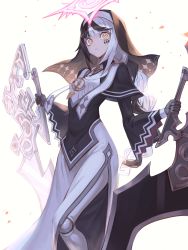 Rule 34 | 1girl, absurdres, black hair, borrowed character, braid, doll joints, facial mark, feet out of frame, gloves, habit, halo, highres, holding, holding weapon, joints, long hair, long sleeves, looking at viewer, moco (moco 28), multicolored hair, nun, original, parted lips, sketch, solo, two-tone hair, veil, violet (ac8231), weapon, white background, white hair, wide sleeves, yellow eyes