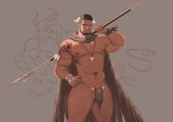 Rule 34 | 1boy, abs, bara, bare pectorals, beard, black hair, blush, bulge, chinese zodiac, cloak, cow boy, cow horns, dark-skinned male, dark skin, facial hair, feet out of frame, flaccid, highres, holding, holding polearm, holding spear, holding weapon, horns, large pectorals, loincloth, looking at viewer, male focus, mature male, muscular, muscular male, navel, nipple piercing, nipple rings, nipples, olafurarn, original, over shoulder, pectorals, penis, penis peek, piercing, polearm, scar, scar on chest, scar on leg, short hair, shoulder tattoo, solo, spear, standing, stomach, stomach tattoo, tattoo, thick thighs, thighs, tribal tattoo, weapon, weapon over shoulder, year of the ox