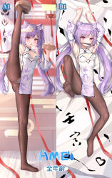 Rule 34 | 1girl, alternate costume, armpits, arms up, artist name, baozi, bed sheet, black pantyhose, braid, calligraphy brush, china dress, chinese clothes, cleavage cutout, clothing cutout, commentary request, cone hair bun, detached sleeves, double bun, dress, flower, food, full moon, genshin impact, hair between eyes, hair bun, hair flower, hair ornament, highres, holding, keqing (genshin impact), leg up, long hair, looking at viewer, lying, moon, mouth hold, no shoes, on back, paintbrush, panties, panties under pantyhose, pantyhose, parted lips, pelvic curtain, purple eyes, purple hair, short sleeves, side slit, sidelocks, single braid, soles, split, standing, standing on one leg, standing split, twintails, underwear, wide sleeves, yutian alice