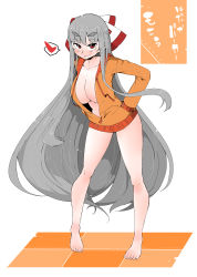 Rule 34 | 1girl, absurdres, alternate breast size, alternate costume, bare legs, barefoot, bow, breasts, cleavage, closed mouth, collarbone, drawstring, fujiwara no mokou, full body, grey hair, hair bow, hands in pockets, highres, hood, hoodie, large breasts, leaning forward, long hair, long sleeves, looking at viewer, no bra, no pants, open clothes, open hoodie, orange hoodie, partially unzipped, red eyes, smile, solo, standing, stomach, takeu, thick eyebrows, toes, touhou, very long hair, zipper pull tab