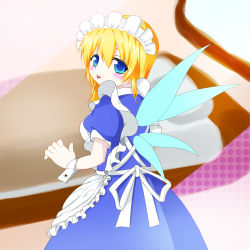 Rule 34 | 1girl, apron, arm up, blonde hair, blue eyes, blush stickers, extra, fairy maid (touhou), fairy wings, female focus, from behind, highres, long hair, looking at viewer, looking back, maid, maid apron, maid headdress, mo-pa, open hand, open mouth, pale skin, puffy sleeves, short sleeves, solo, teeth, touhou, wings, wrist cuffs