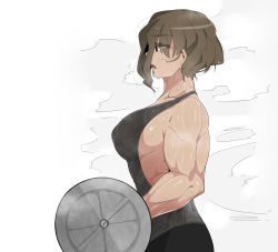 Rule 34 | 1girl, barbell, biceps, breasts, brown eyes, brown hair, exercising, eyes visible through hair, geumgang (odd snail), highres, muscular, muscular female, oddsnail, open mouth, original, short hair, sideboob, solo, steaming body, sweat, tank top, white background