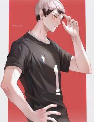 Rule 34 | 1boy, border, dal li 0130, grey hair, haikyuu!!, hand in own hair, hand on own hip, hand up, highres, jersey, kita shinsuke, korean commentary, male focus, multicolored hair, parted lips, profile, red background, short hair, sportswear, standing, sweat, twitter username, two-tone hair, volleyball uniform, yellow eyes