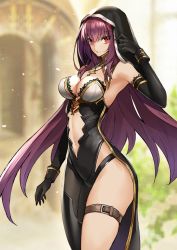Rule 34 | 1girl, bare shoulders, black gloves, black leotard, blurry, blurry background, breasts, cleavage, clothing cutout, cross, cross necklace, elbow gloves, ero waifu, fate/grand order, fate (series), gloves, highleg, highleg leotard, jewelry, large breasts, leotard, long hair, looking at viewer, navel, navel cutout, necklace, official style, purple hair, red eyes, scathach (fate), solo, thigh strap, thighs, veil