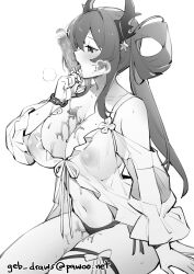 Rule 34 | 1girl, arknights, artist name, bare shoulders, bikini, blush, breasts, cleavage, collarbone, food, ge-b, greyscale, hair rings, highres, holding, holding food, horn ornament, horns, large breasts, long hair, long sleeves, melting, monochrome, navel, nipples, no bra, official alternate costume, open mouth, popsicle, see-through, side-tie bikini bottom, sidelocks, simple background, sitting, solo, star (symbol), surtr (arknights), surtr (colorful wonderland) (arknights), swimsuit, thigh strap, tongue, tongue out, white background