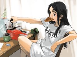 Rule 34 | 1girl, akai sashimi, bag, black eyes, black hair, book, carrot, chair, coffee, croissant, crossed legs, cup, curtains, eraser, food, food in mouth, german text, kettle, long hair, mouth hold, mug, original, overflowing, paper, plant, revision, shirt, sitting, solo, steam, t-shirt, table, vise