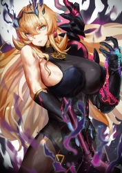 Rule 34 | 1girl, armor, bare shoulders, black dress, blonde hair, blue eyes, breasts, brown pantyhose, chain, dress, earrings, barghest (fate), barghest (second ascension) (fate), fate/grand order, fate (series), gauntlets, heterochromia, highres, horns, jewelry, large breasts, long hair, looking at viewer, necklace, pantyhose, pauldrons, pelvic curtain, red eyes, shoulder armor, sideboob, single gauntlet, single pauldron, solo, sword, thighs, tsugu0302, weapon